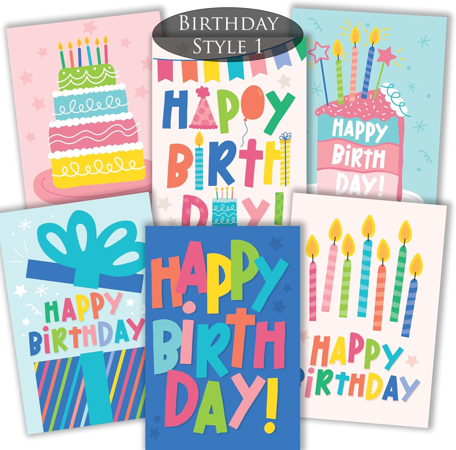 Collection of colorful birthday cards with various designs on a white background