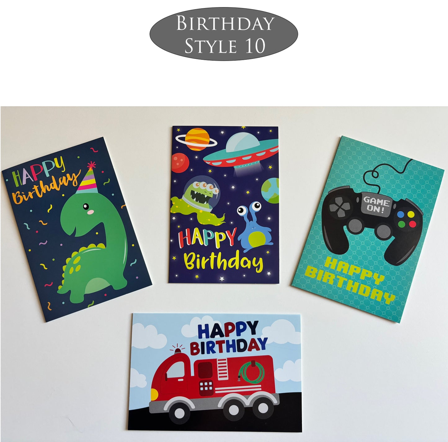 Four birthday cards for young boys on a white background