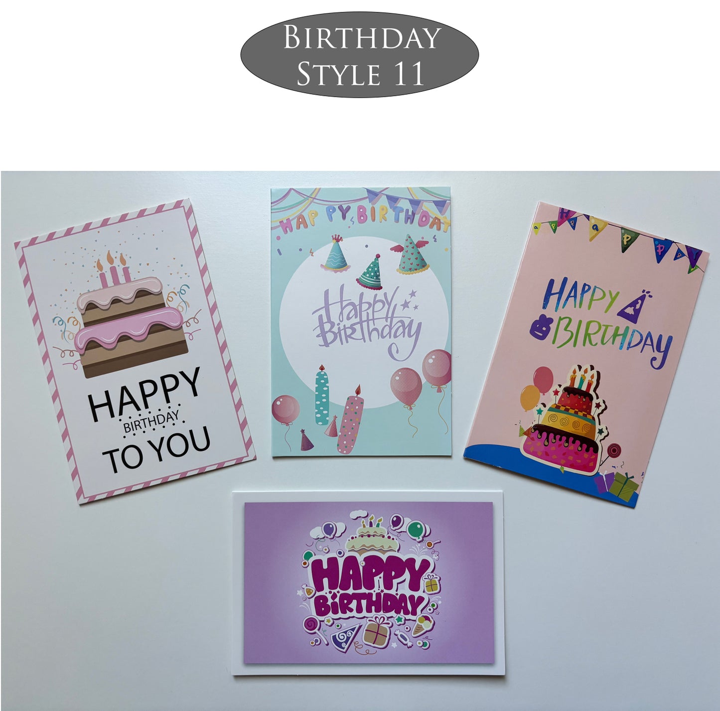 Four birthday cards with different designs on a white background.