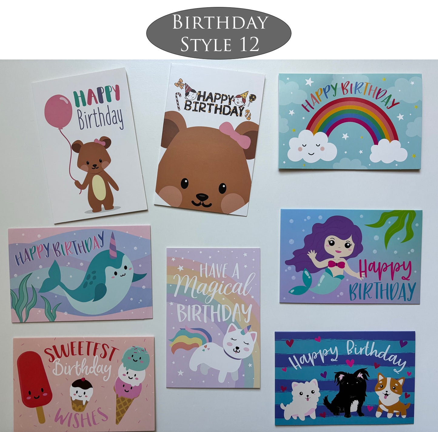 Collection of colorful, kids themed birthday cards with various designs on a white background.