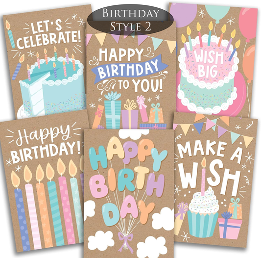 Collection of birthday-themed greeting cards with colorful designs on a brown background.