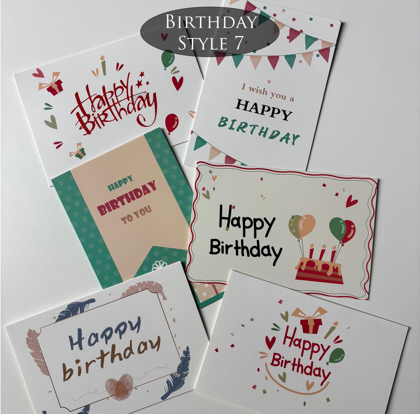 Collection of birthday cards with various designs on a light gray background
