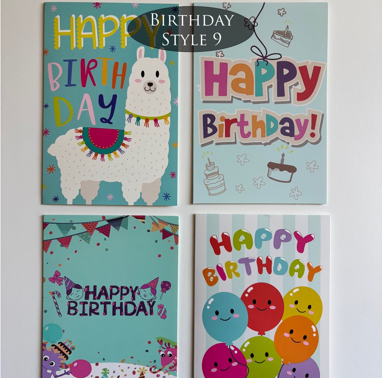 Four colorful kids birthday cards with different designs on a white background.