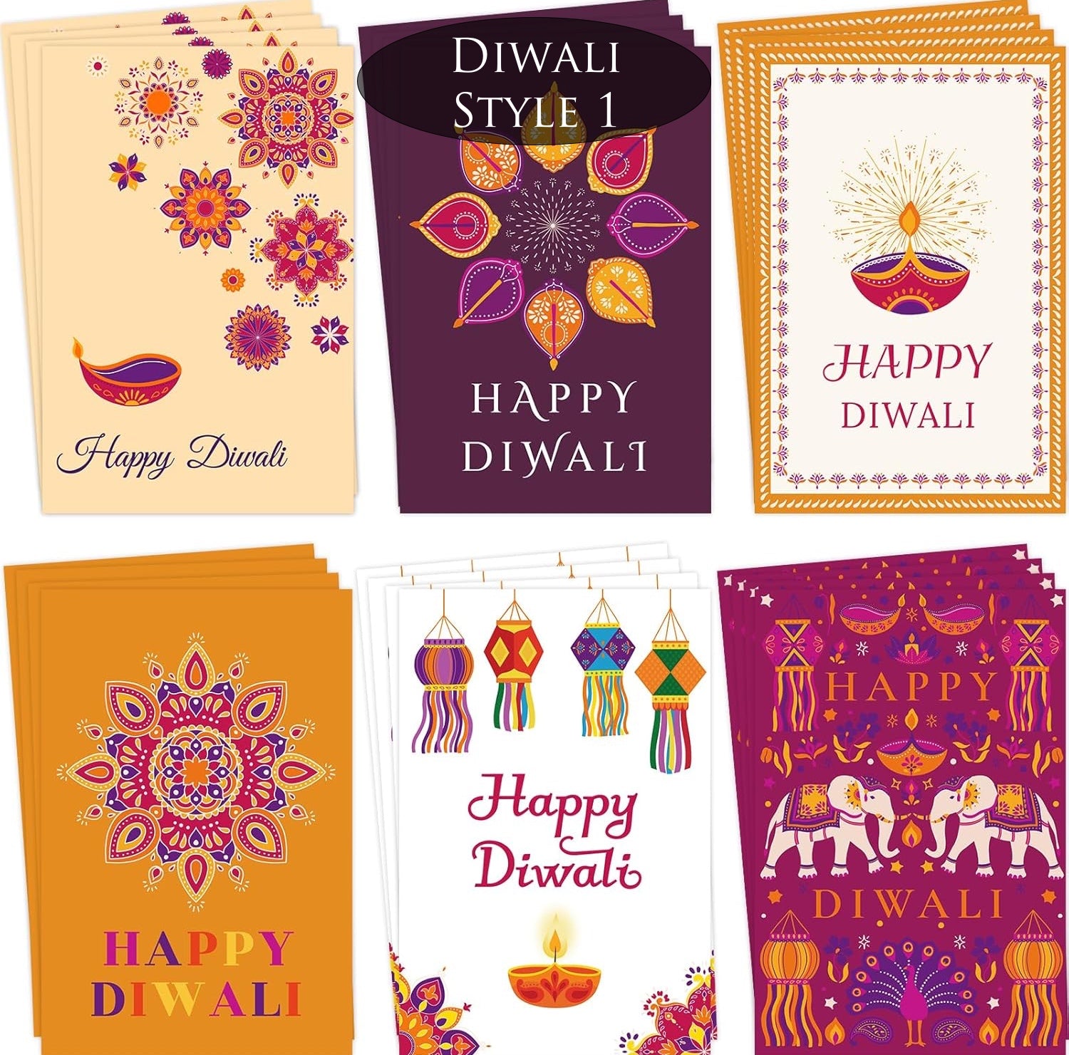 Collection of Diwali-themed greeting cards with various designs and colors.