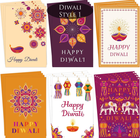 Collection of Diwali-themed greeting cards with various designs and colors.