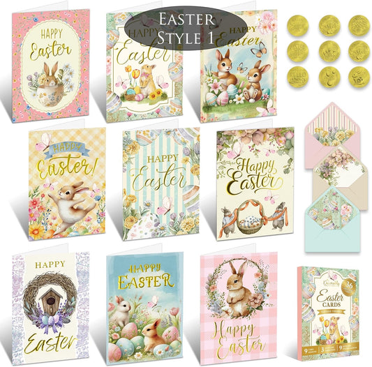 Collection of Easter-themed greeting cards with bunnies and eggs, arranged in a grid.