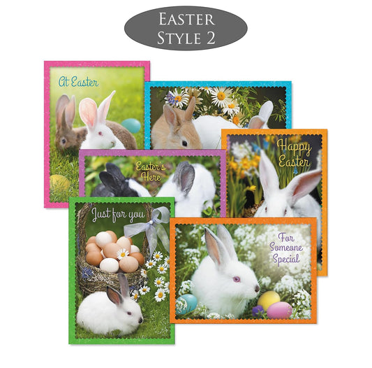 Collection of Easter-themed cards featuring rabbits and eggs on a white background.