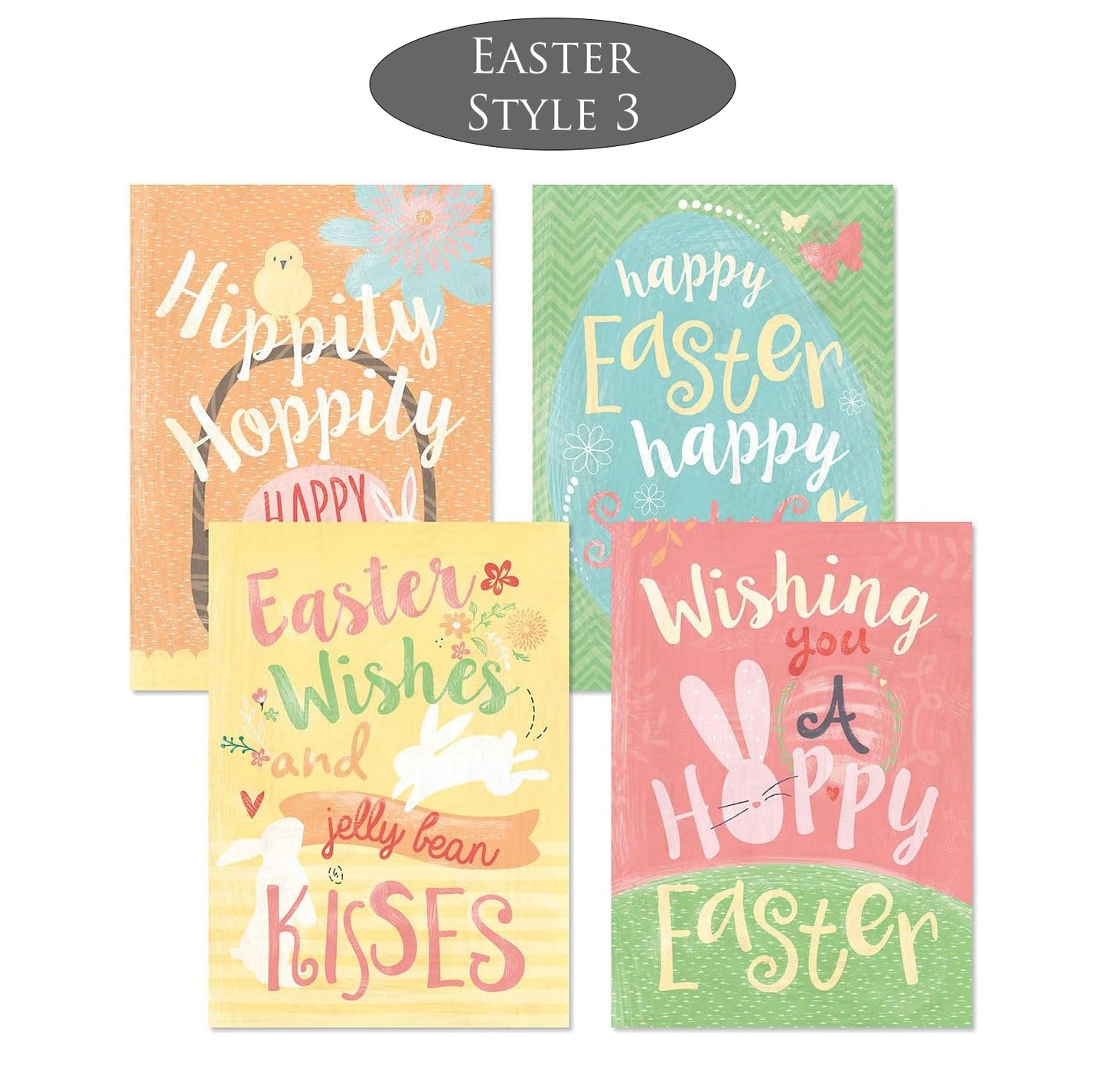 Four Easter-themed greeting cards with colorful designs and text.