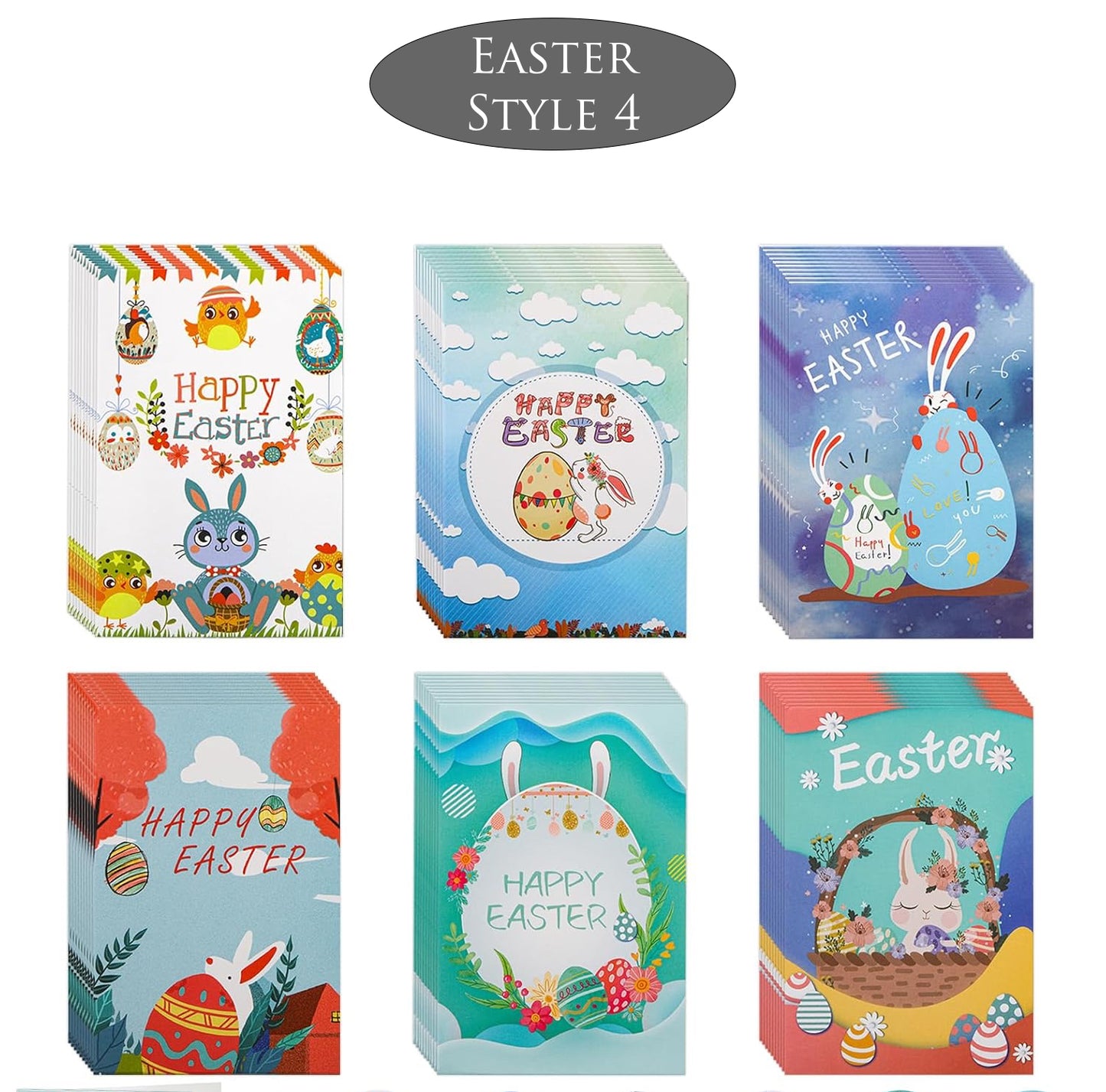 Set of six colorful Easter-themed boxes with various designs on a white background.