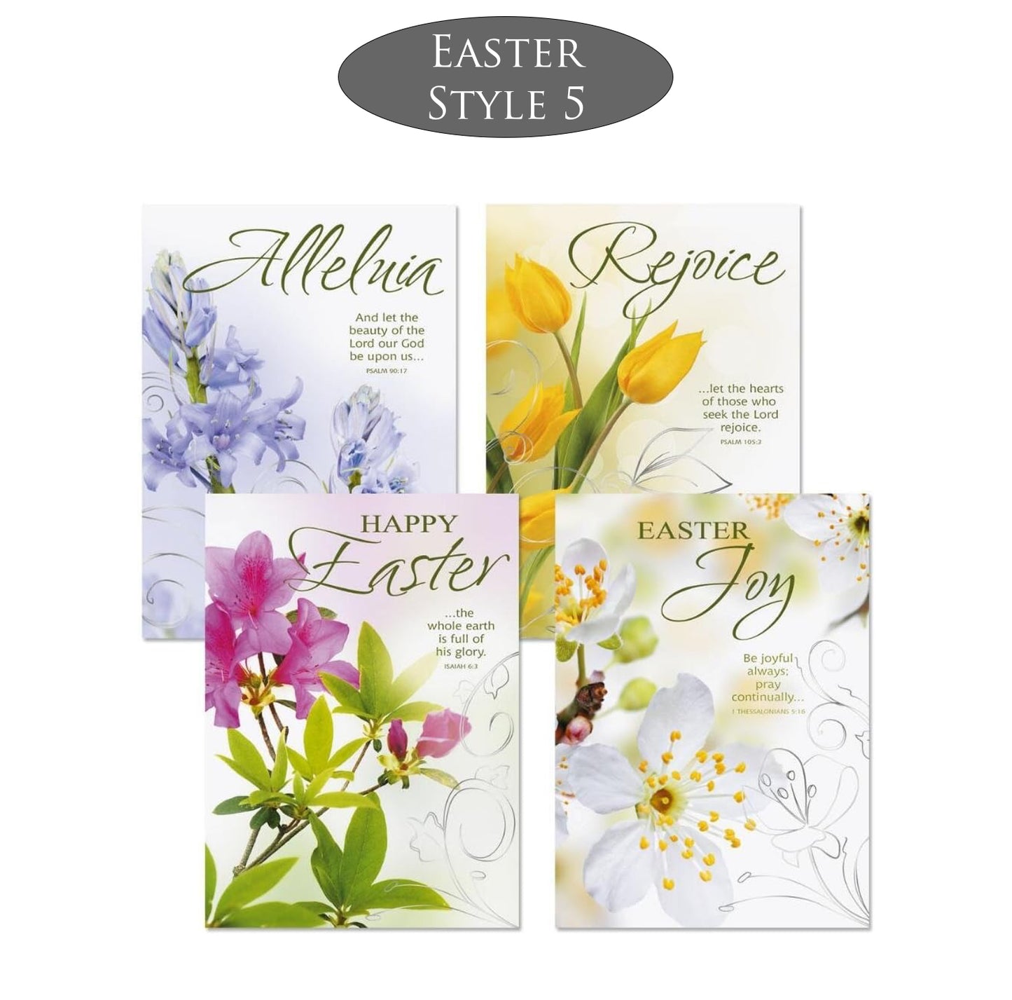 Four religious Easter-themed greeting cards with floral designs and text on a white background.