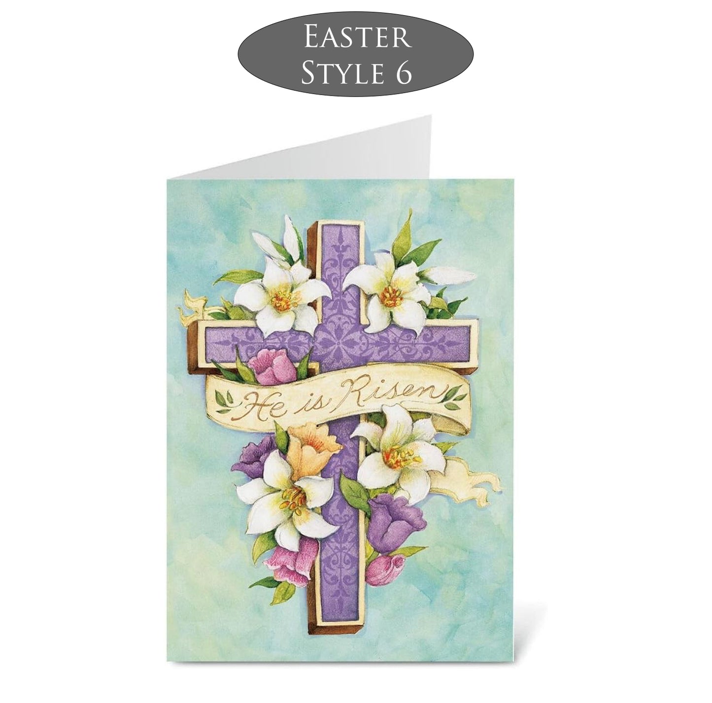 "He is Risen" Easter greeting card with cross and flowers on a light blue background