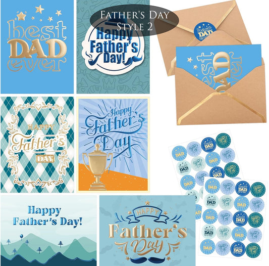 Collection of Father's Day cards and envelope with decorative elements.