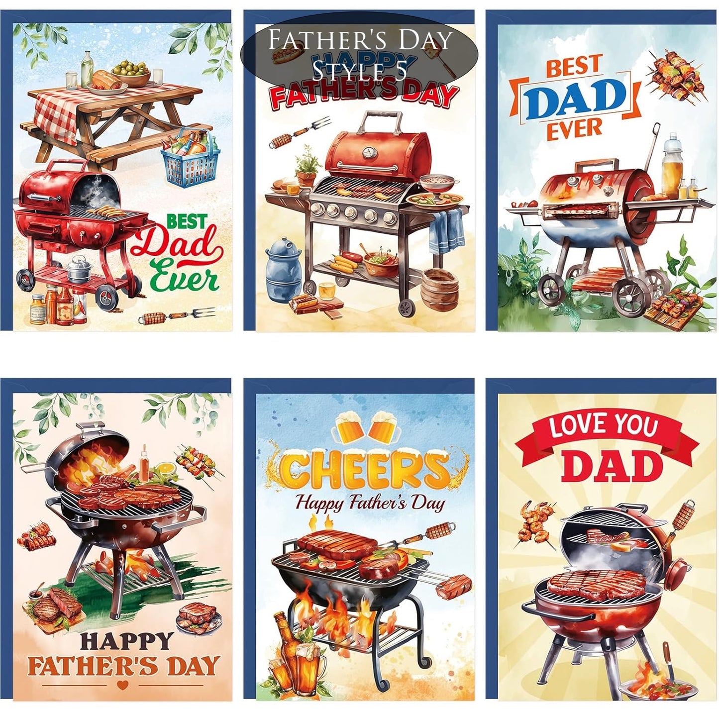 Collection of Father's Day cards featuring barbecues and grill-related graphics.