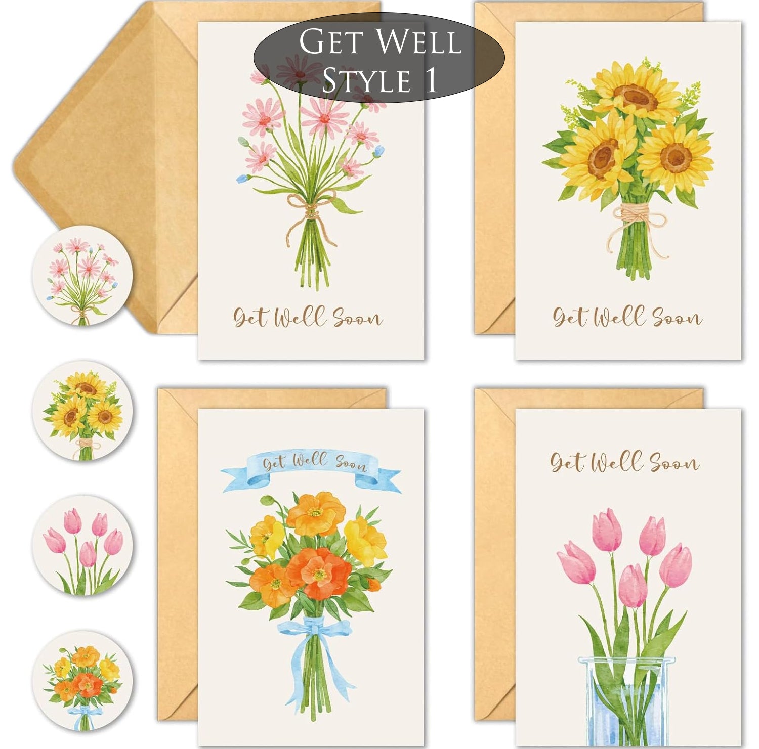 Set of 'Get Well Soon' cards with floral designs and envelopes.