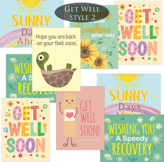 Collection of colorful get well soon cards with various designs and messages.