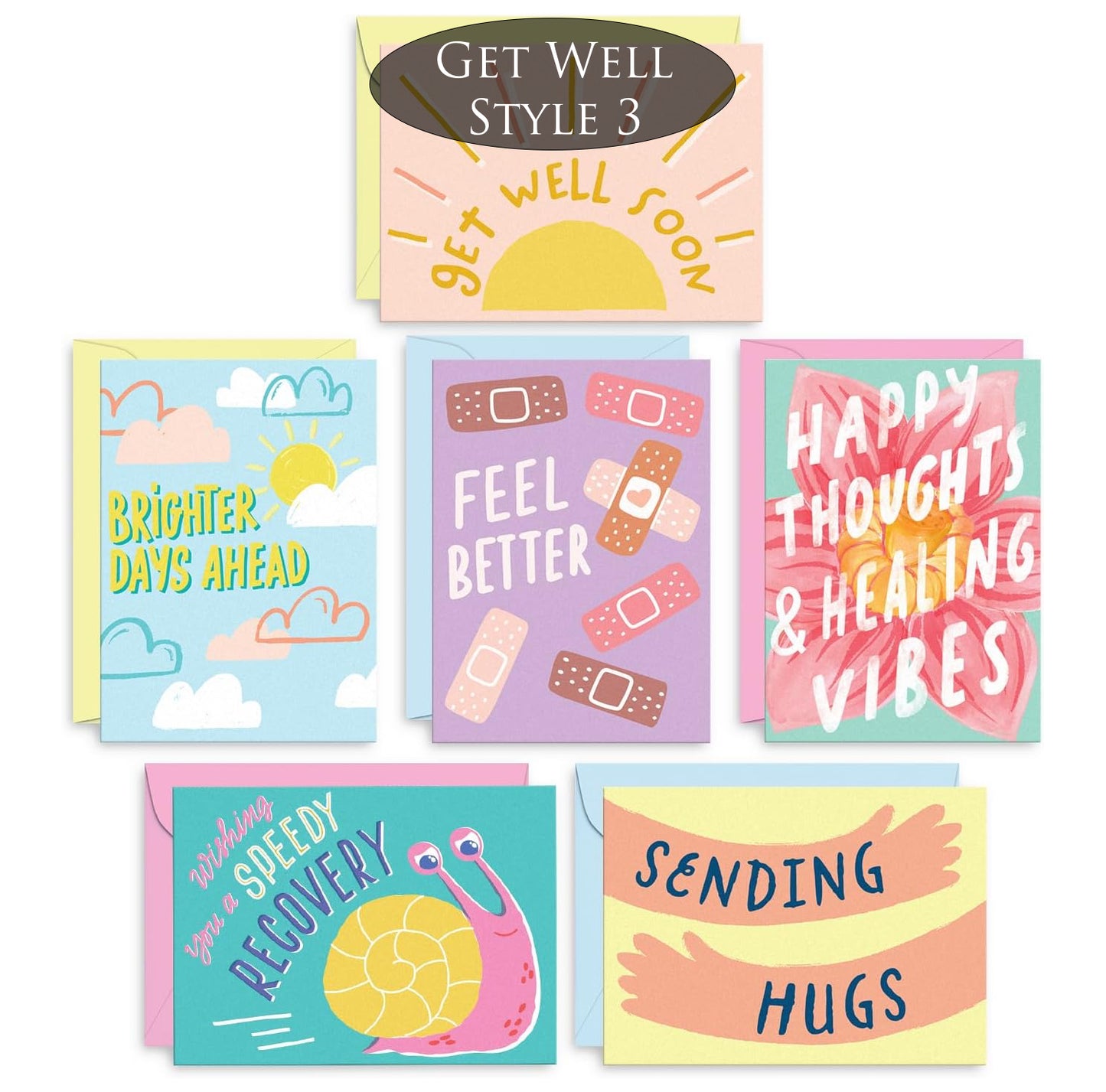 Set of colorful get well soon cards with various messages on a white background