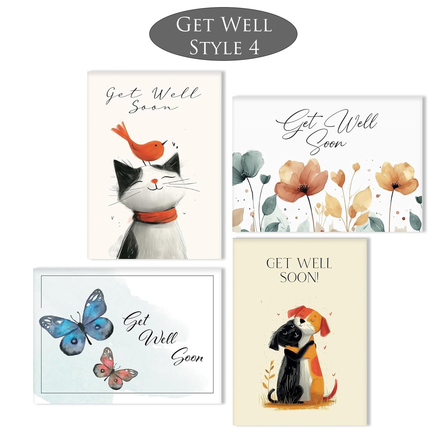 Four 'Get Well Soon' cards featuring animals and nature on a white background.