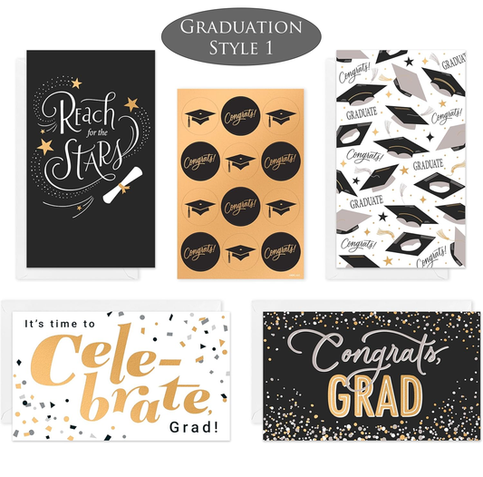 Collection of graduation-themed greeting cards with various designs and text.