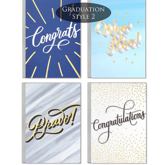 Four graduation-themed cards with different designs and text on a white background.