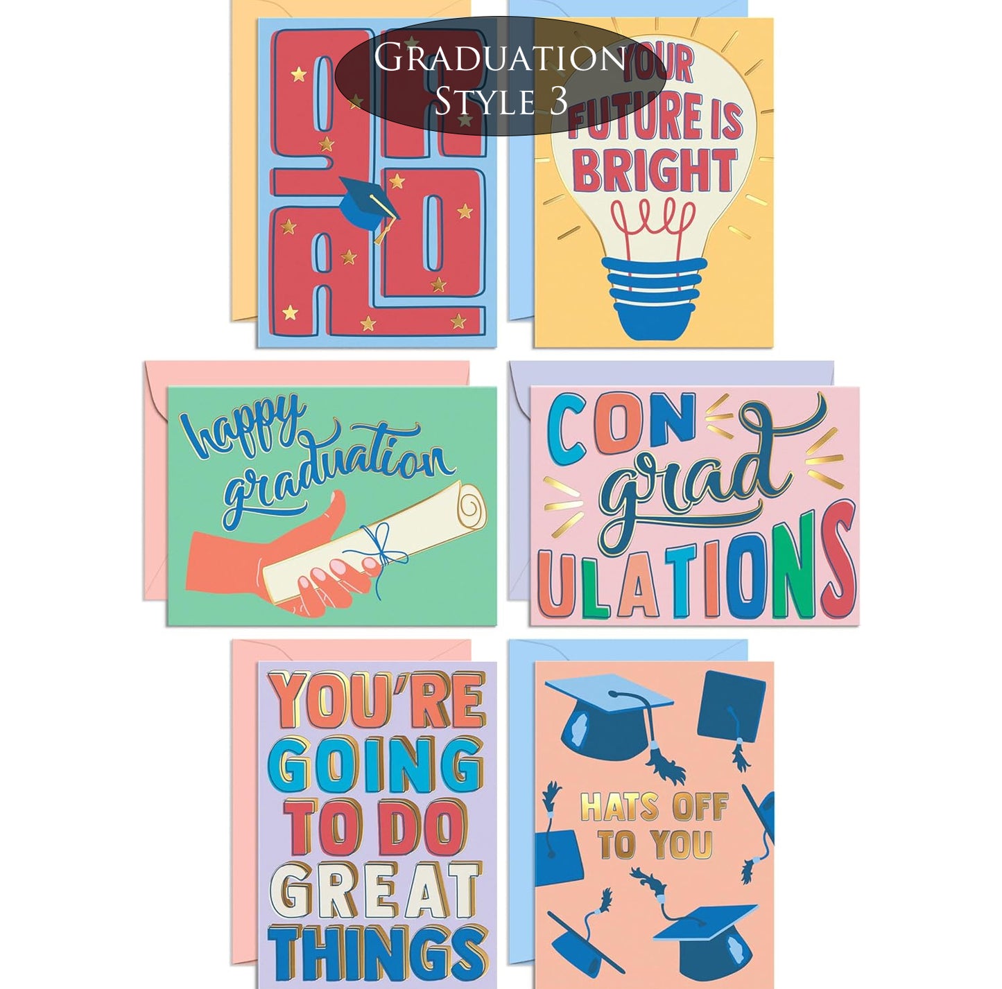 Set of six graduation-themed greeting cards with colorful designs and text.