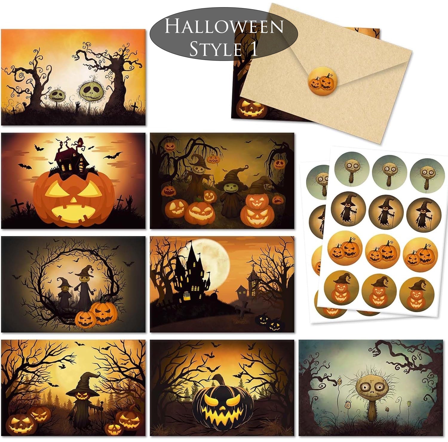 Halloween-themed cards and stickers with pumpkins and spooky designs.