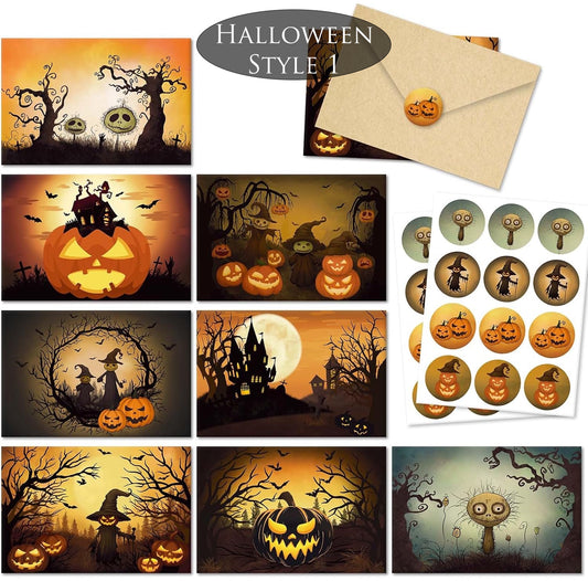 Halloween-themed cards and stickers with pumpkins and spooky designs.