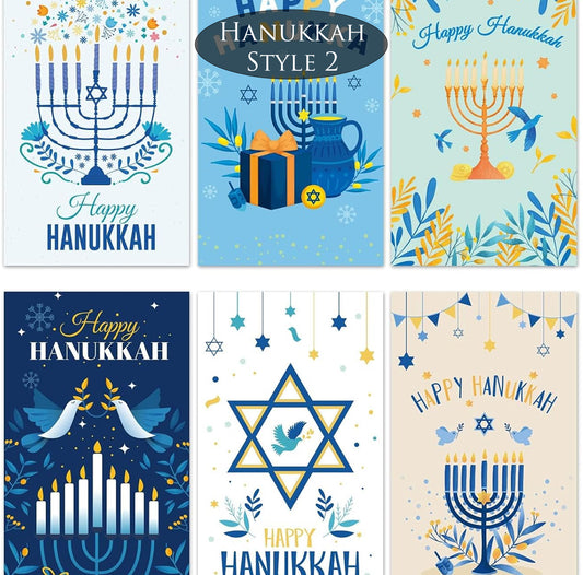 Set of six Hanukkah-themed greeting cards with various designs.