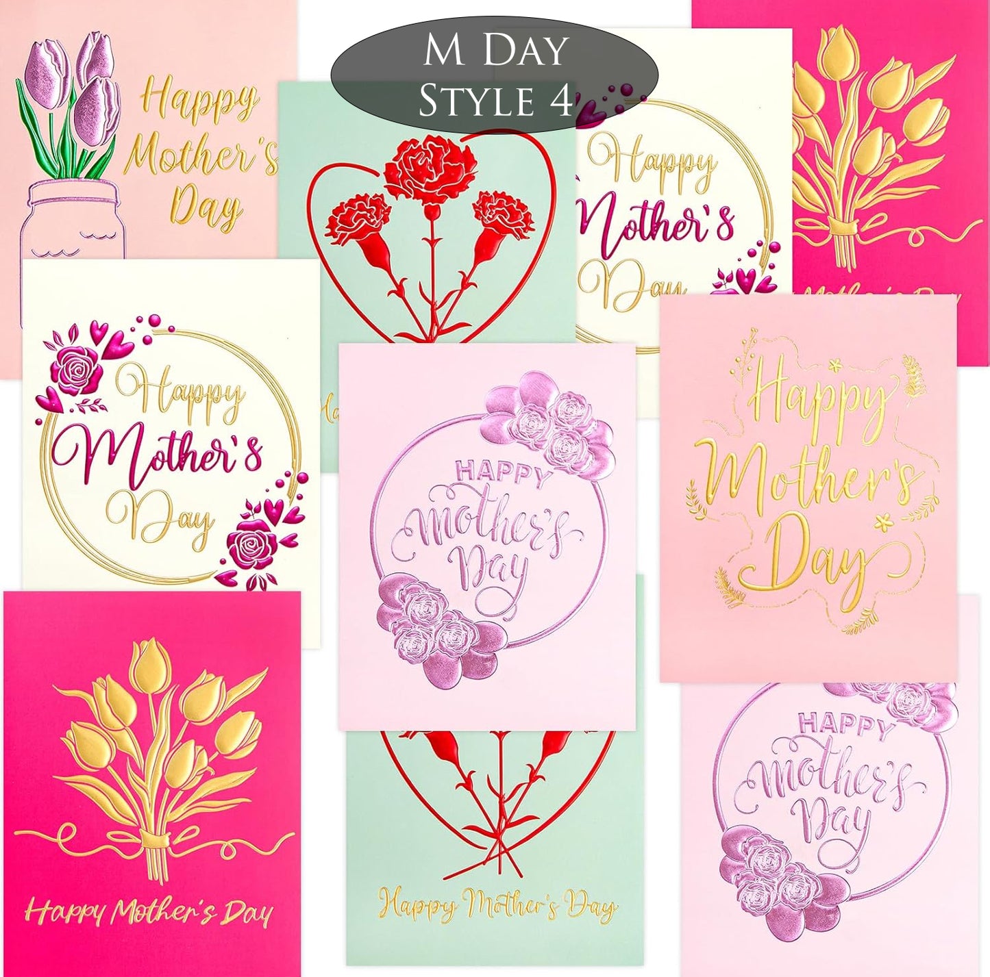Collection of Mother's Day cards with floral designs and 'Happy Mother's Day' text on a pink background.