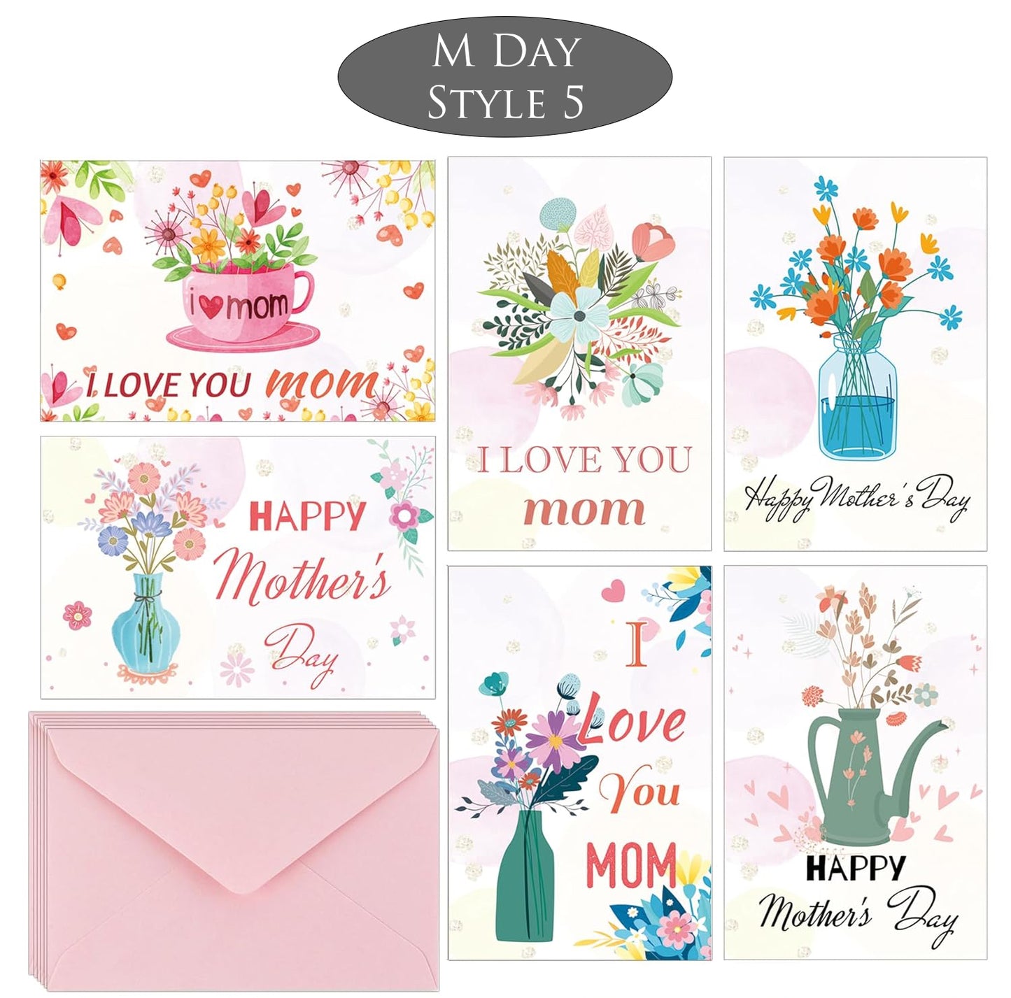 Collection of Mother's Day cards with floral designs and a pink envelope.