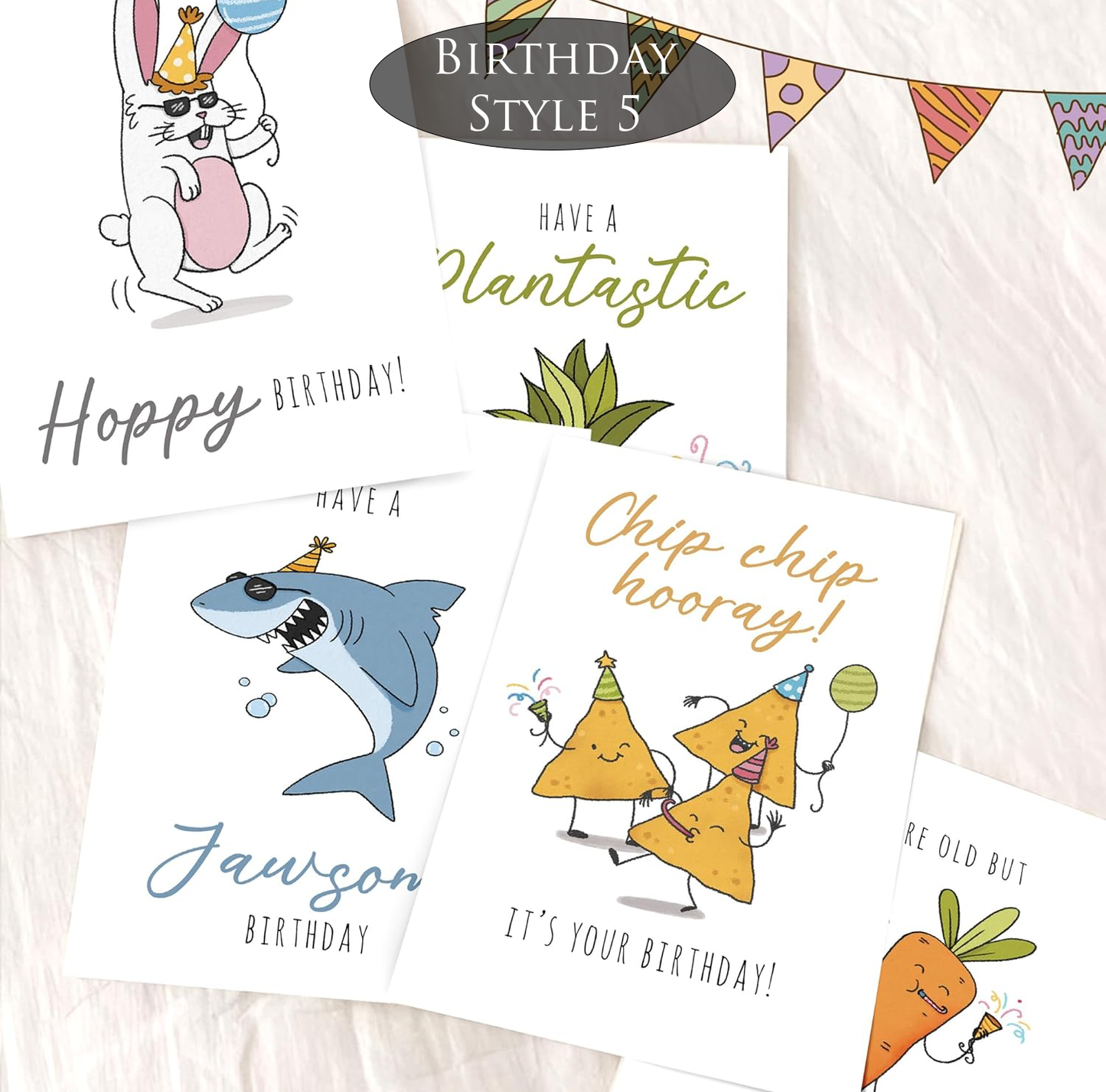Collection of birthday cards with cartoon designs and silly puns on a white background