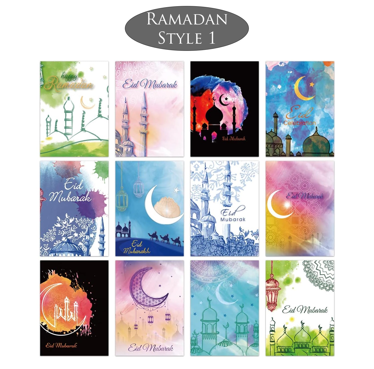 Collection of colorful Ramadan and Eid themed cards with various designs.