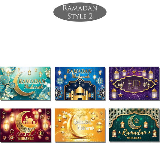 Set of six colorful Ramadan and Eid themed cards with different designs on a white background.