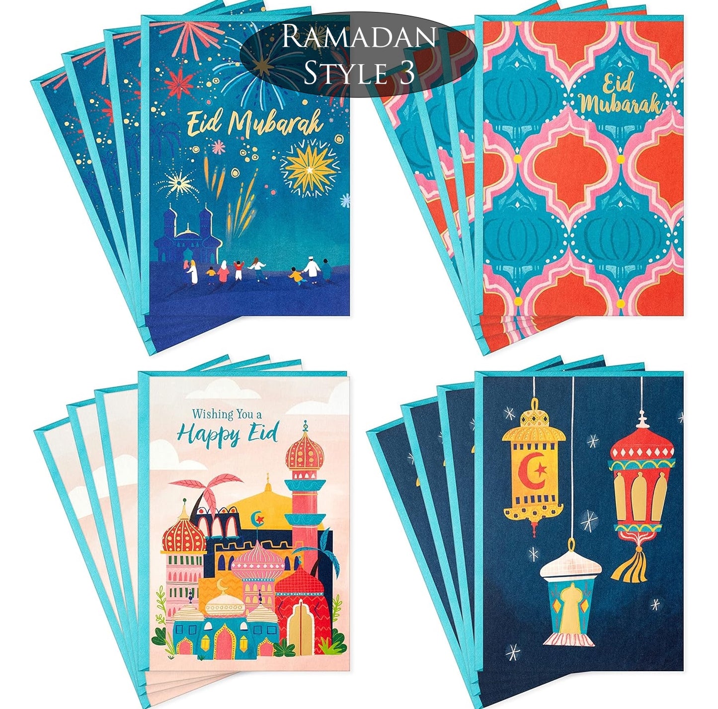 Set of colorful Eid greeting cards with various designs on a white background.