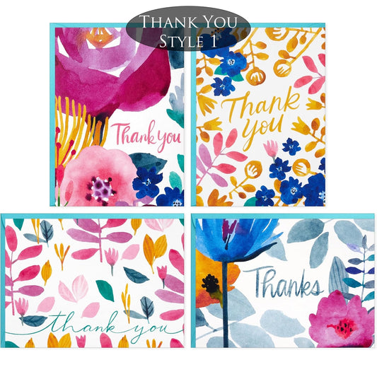 Four floral thank you cards with different designs on a white background.