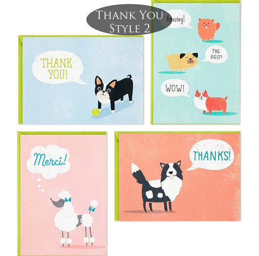 Set of four colorful thank you cards with animal illustrations and speech bubbles.
