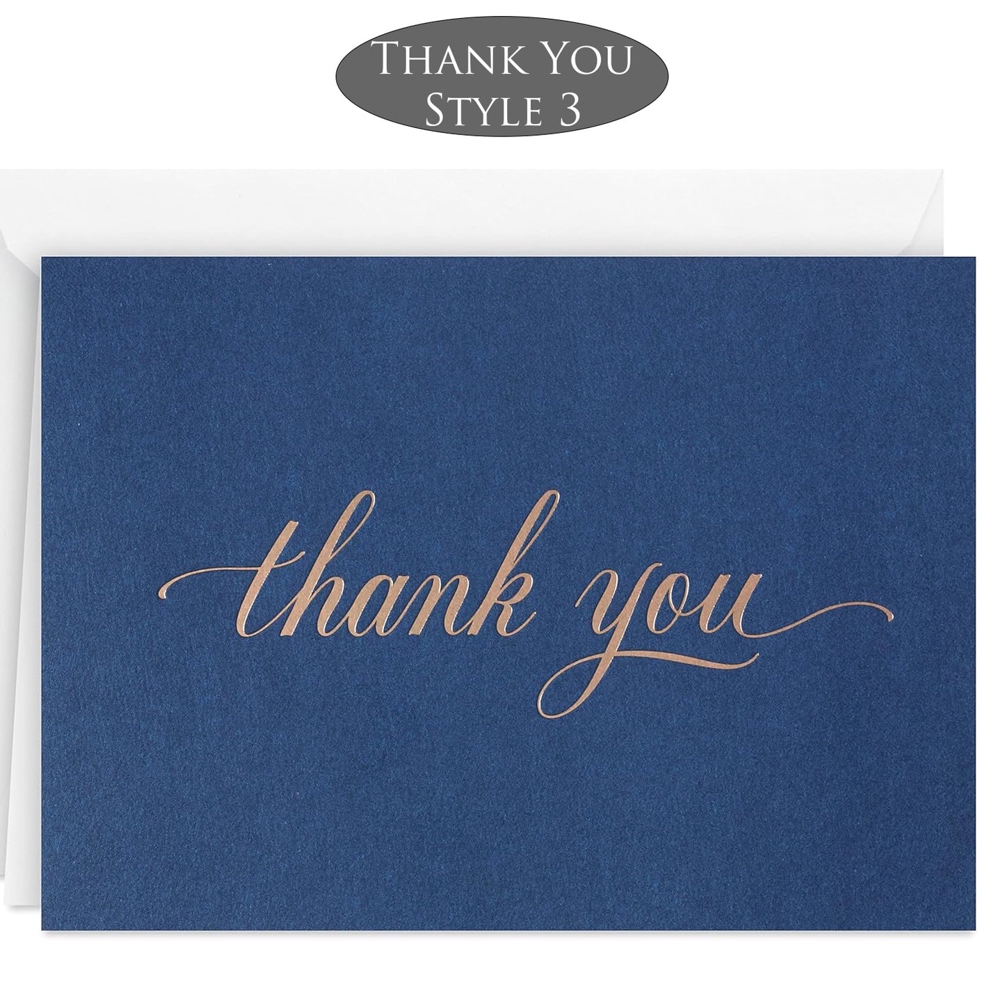 Blue card with 'thank you' in cursive on a white background