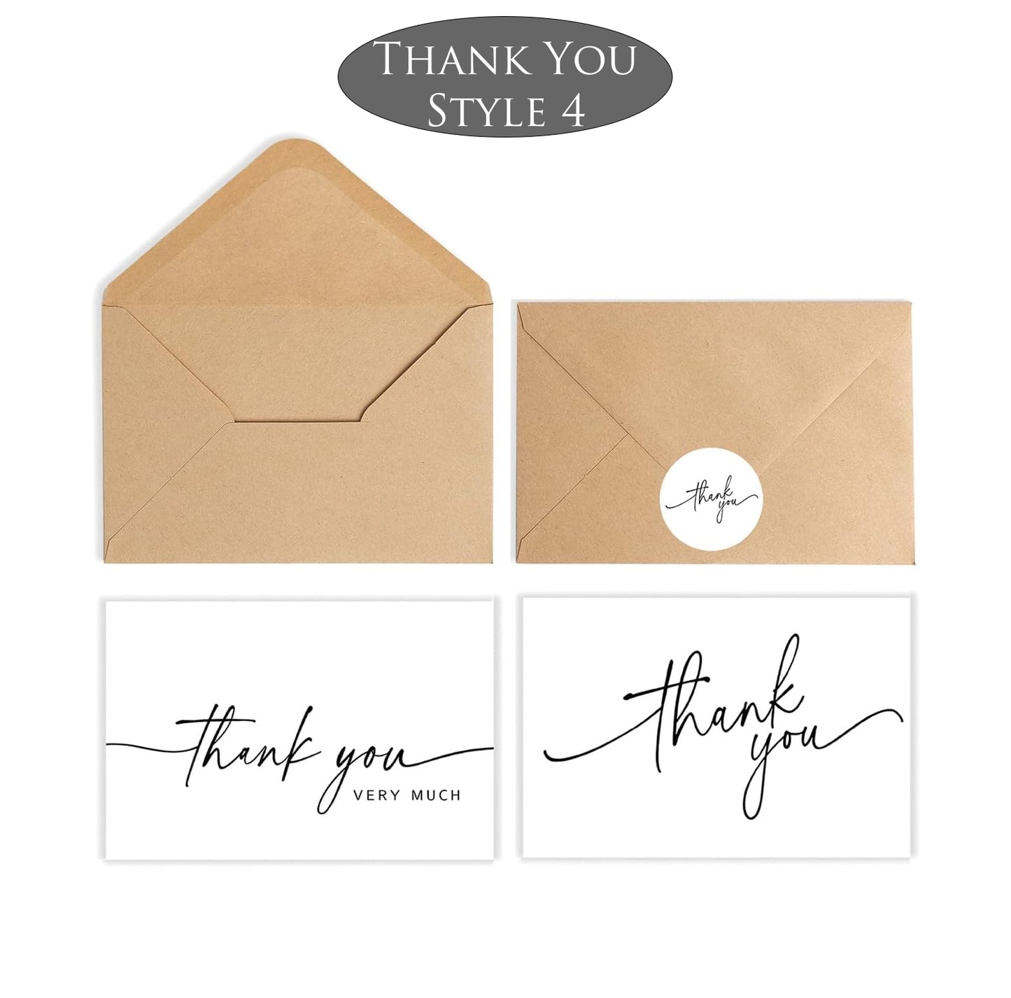Kraft paper envelopes and cards with 'thank you' text on a white background