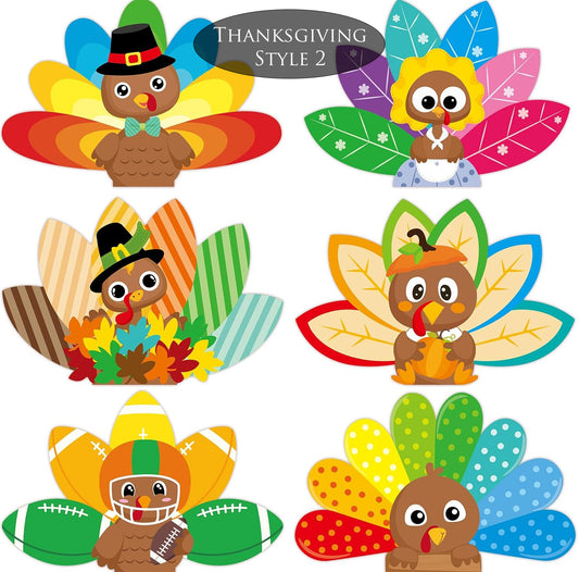 Colorful Thanksgiving-themed turkey cards with various accessories on a white background