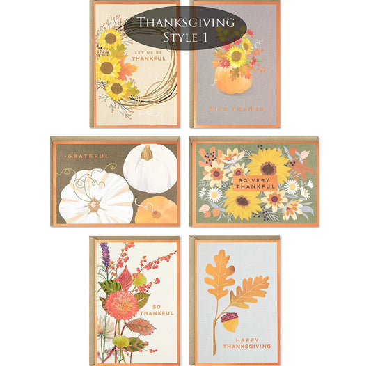 Set of six Thanksgiving-themed greeting cards with autumnal designs on a white background.
