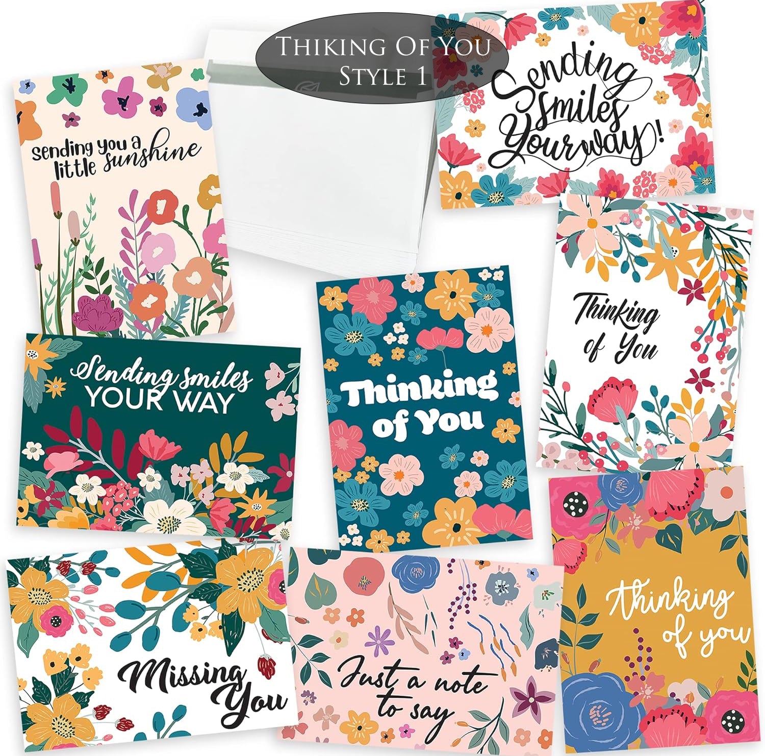 Collection of floral greeting cards with "Thinking of You" messages.