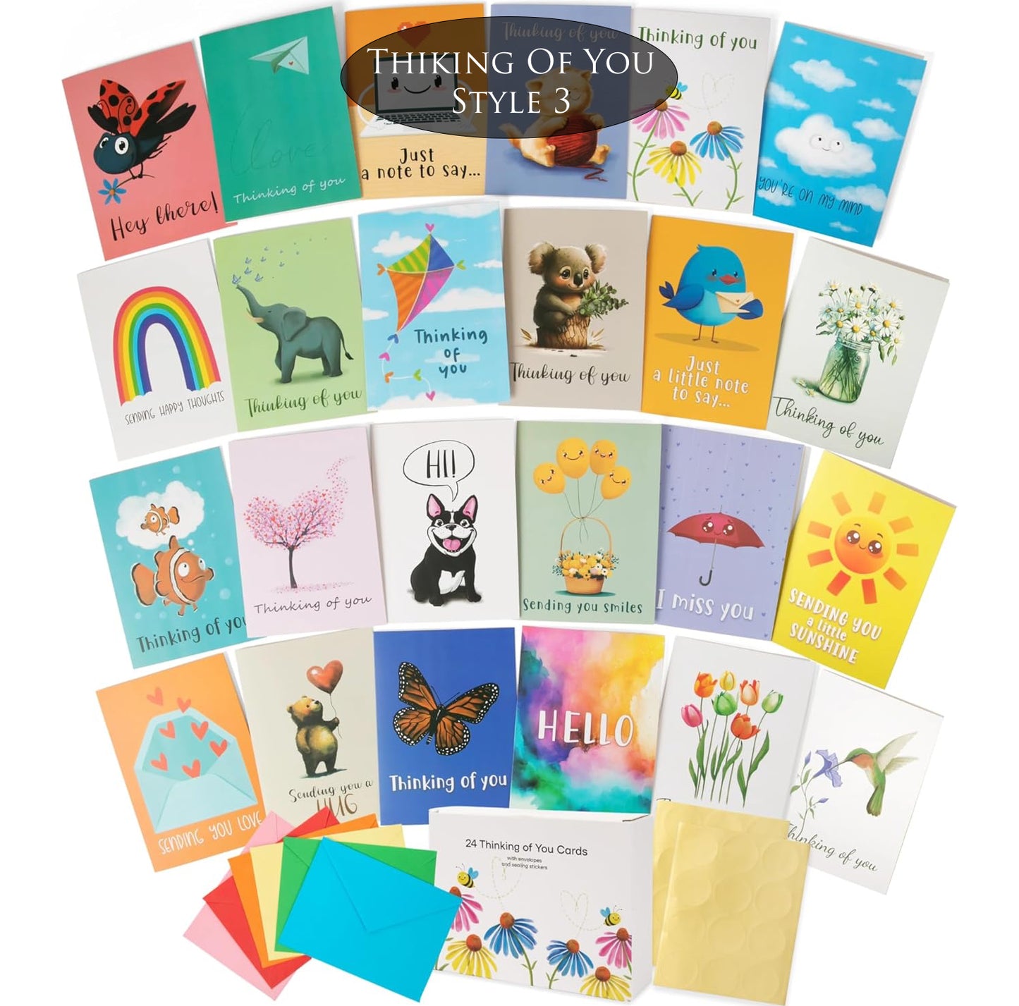Assorted assortment of greeting cards with various designs and "Thinking of You" messages
