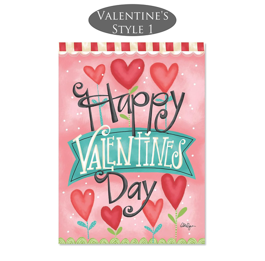 Valentine's Day-themed card with hearts and 'Happy Valentine's Day' text on a pink background.