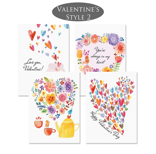 Four Valentine's Day themed cards with colorful designs on a white background.