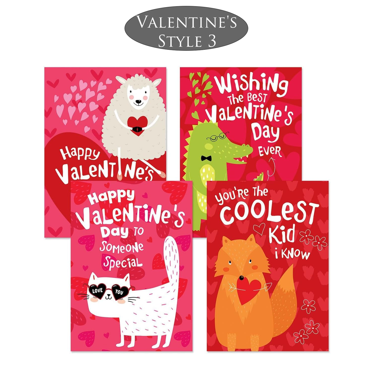 Four Valentine's Day cards with cartoon animals and text on a white background.