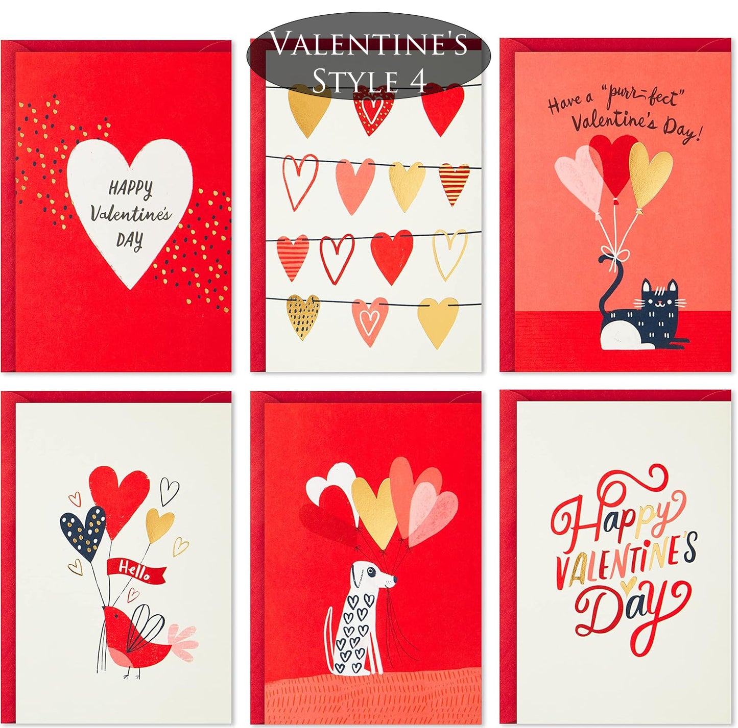 Set of six Valentine's Day cards with various designs on a white background.