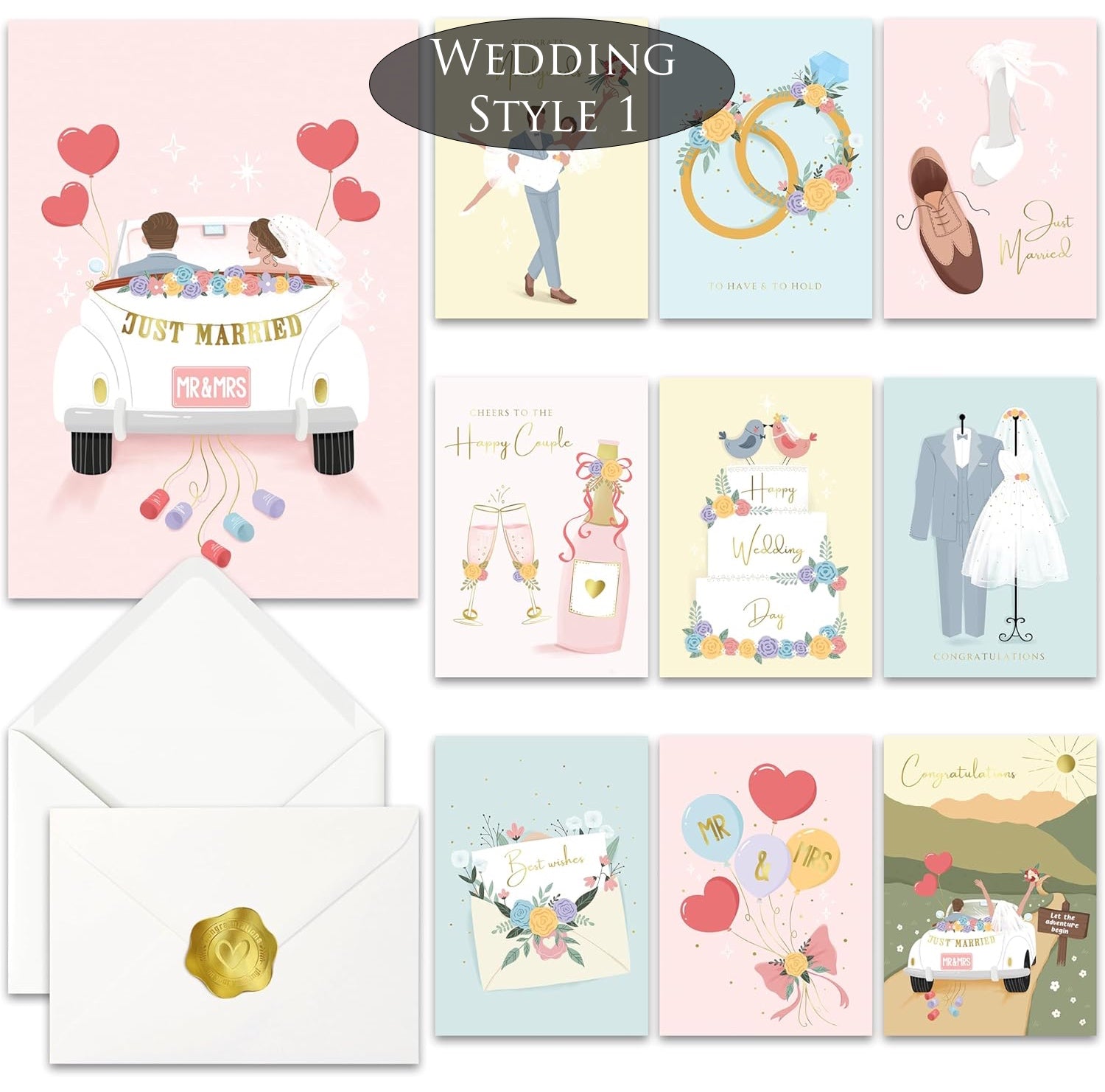 Collection of wedding-themed cards with various designs on a white background.