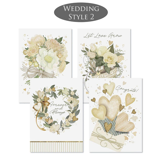 Set of four wedding-themed cards with floral and heart designs on a white background.