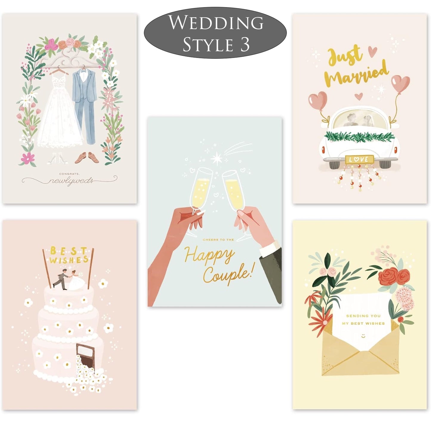 Set of five wedding-themed cards with various designs on a white background.