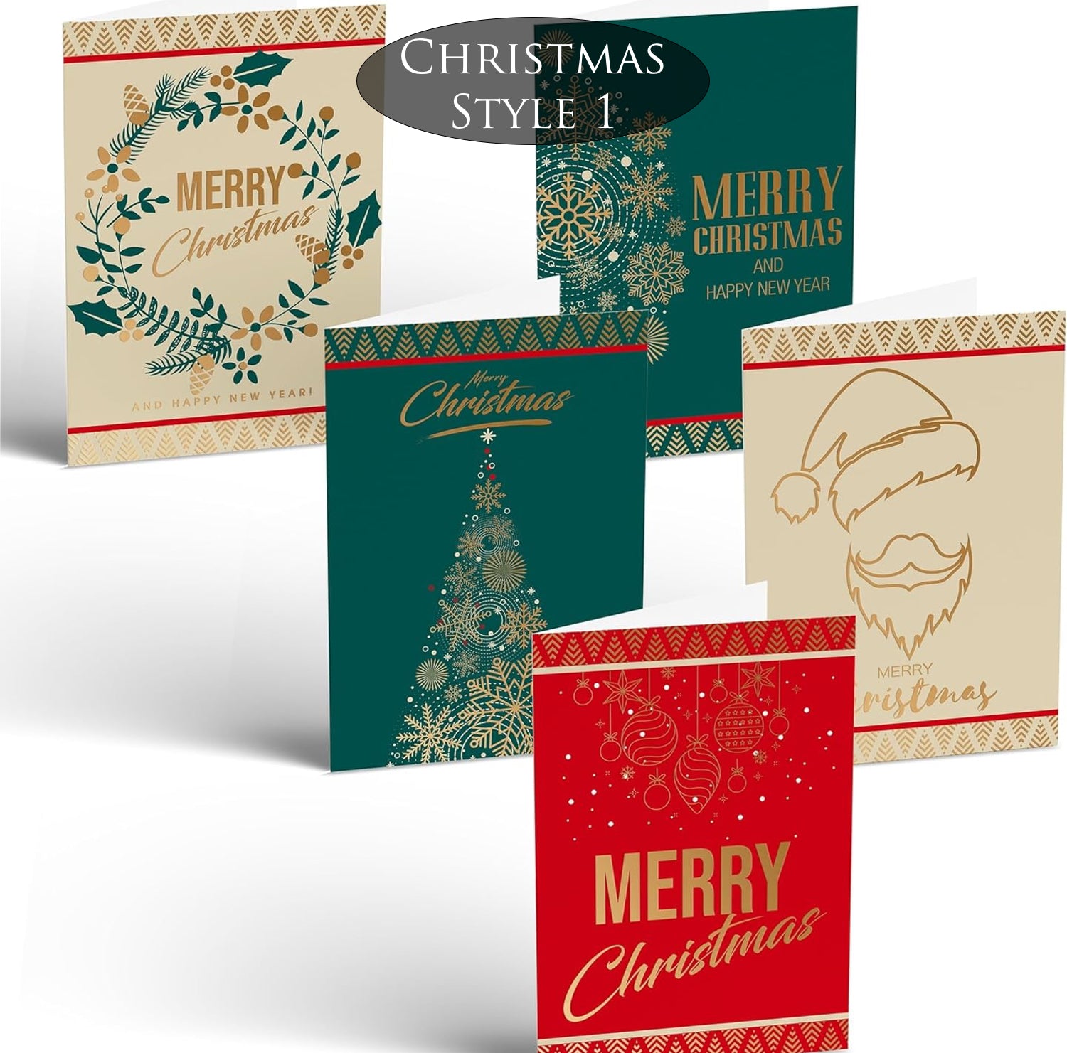 Collection of Christmas-themed greeting cards with various designs on a white background.
