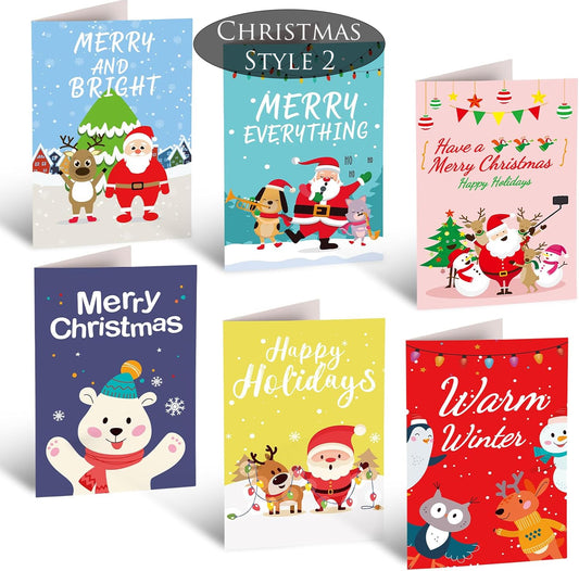 Set of colorful Christmas greeting cards with Santa Claus, reindeer, and winter scenes.